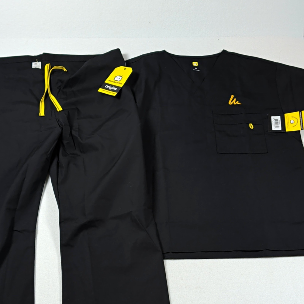 WonderWink Origins Scrub Set M Black/Yellow Polyester Twill Drawstring Pants